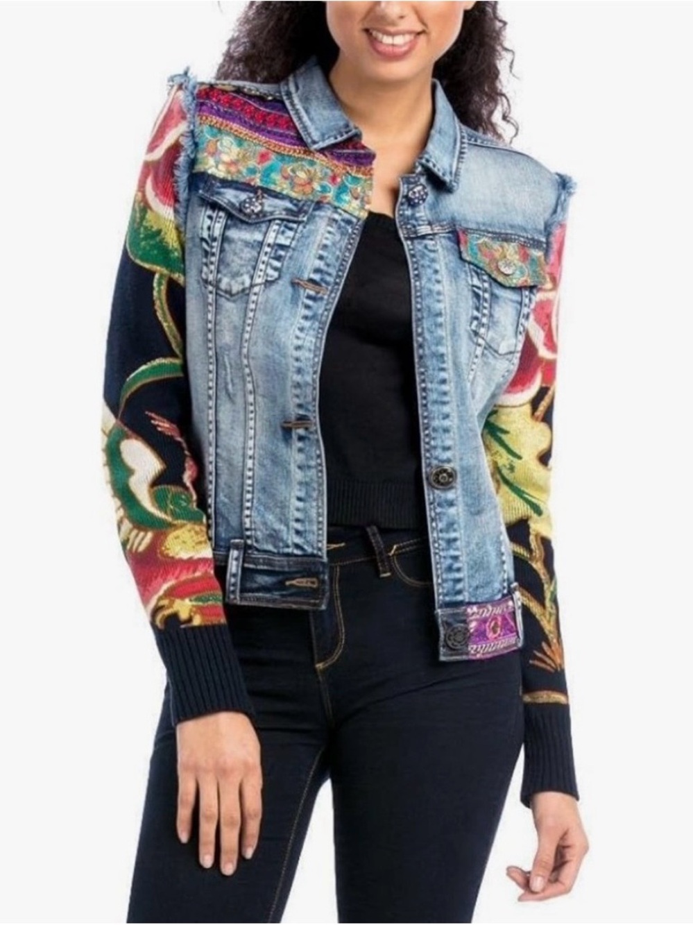 Desigual Mixed Denim & Floral Knit Jacket - Blue, Black, Red, Green